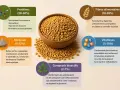 Graines de fenugrec dans un bol, entourées d'informations sur leurs bienfaits : protéines, fibres, minéraux, vitamines et composés bioactifs. Le fenugrec est une mine de nutriments.