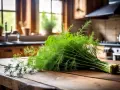 Un bouquet de fenouil sauvage frais, aux fines feuilles vertes, repose sur une table en bois rustique. La cuisine en arrière-plan suggère une préparation culinaire savoureuse.