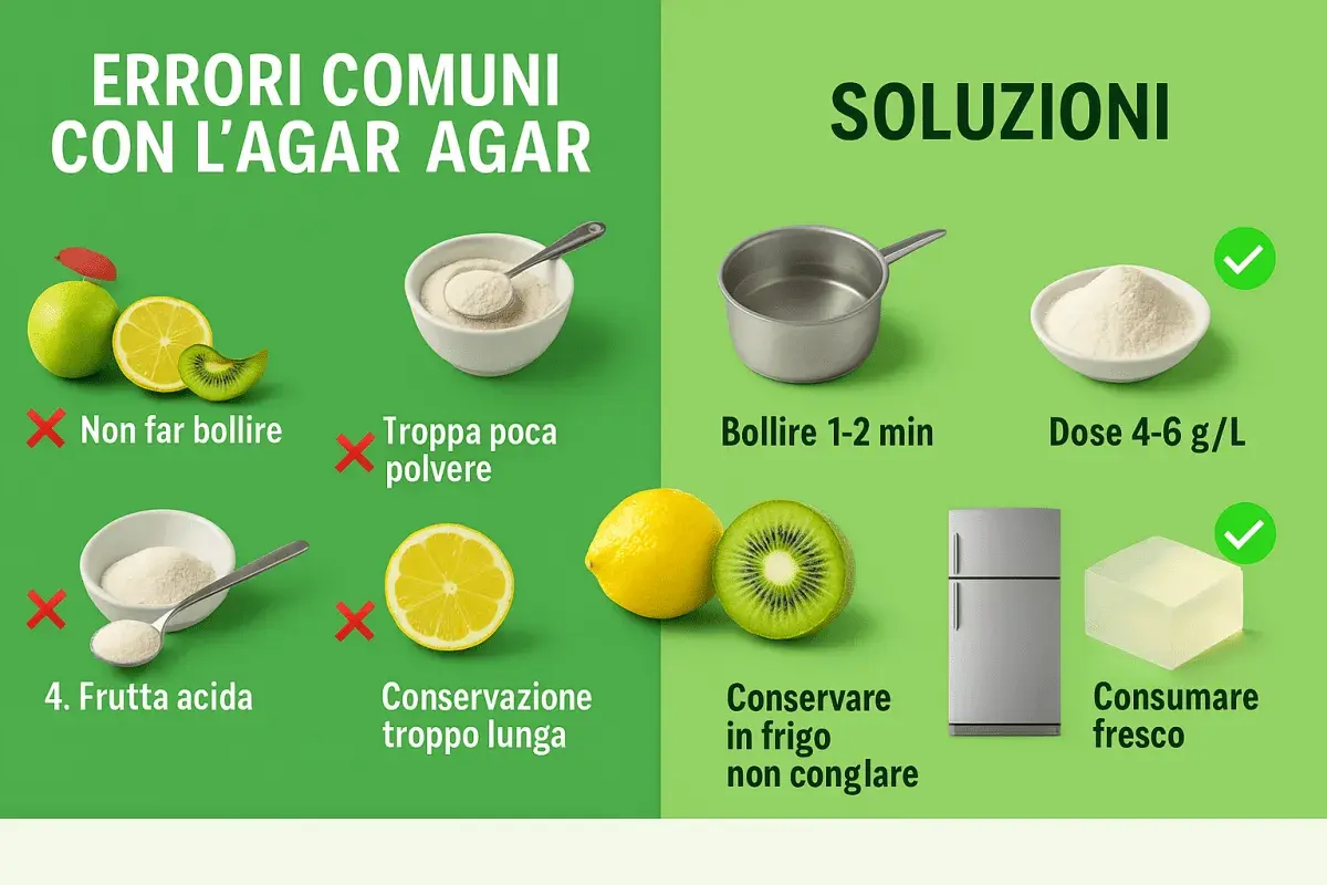 Erreurs courantes avec l'agar agar : ne pas faire bouillir, trop peu de poudre, fruits acides, longue conservation. Solutions : faire bouillir 1-2 min, dose 4-6 g/L, conserver au frais.