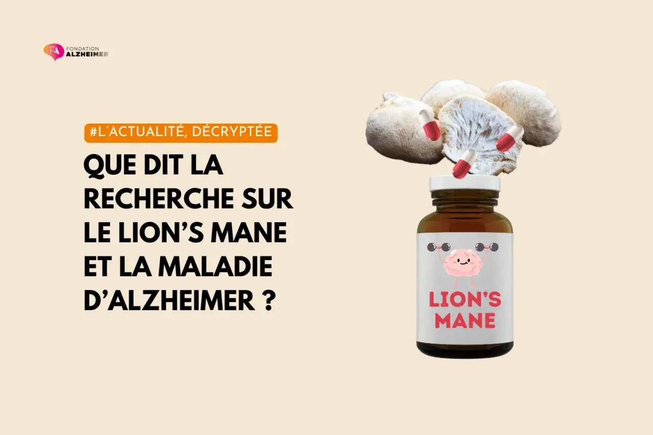 Champignon Lion's Mane et pilules, suggérant une recherche sur ses bienfaits pour la maladie d'Alzheimer.