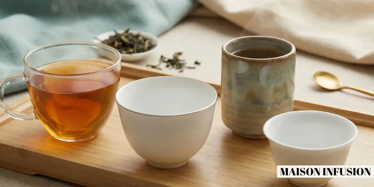Quatre tasses de thé, dont une en verre remplie d'une infusion ambrée, invitent à choisir quel thé déguster.