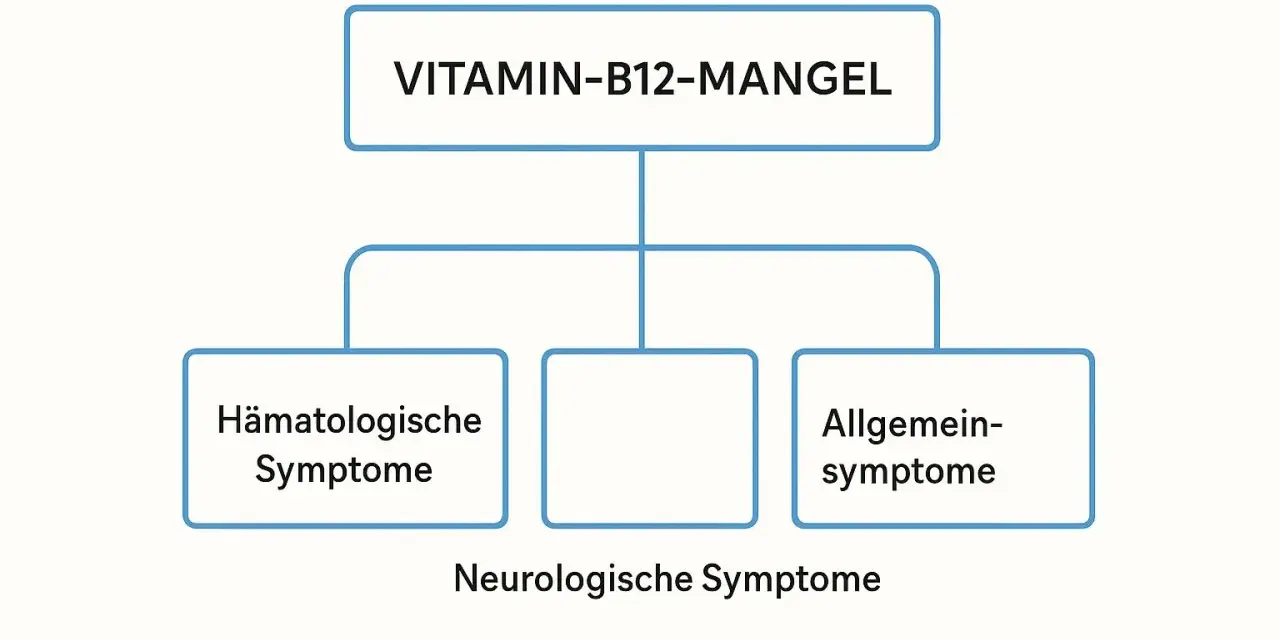 Schéma illustrant les symptômes d'une carence en vitamine B12 : hématologiques, neurologiques et généraux.