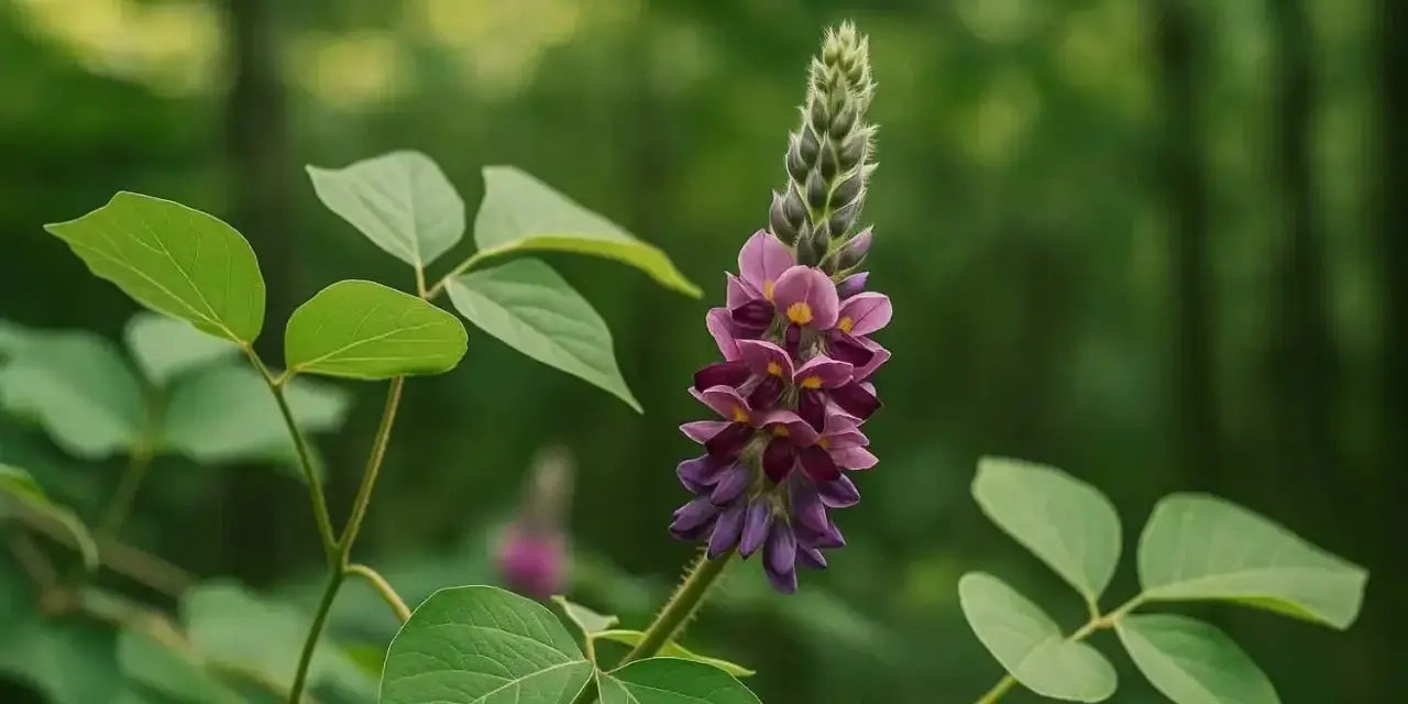 Fleur de kudzu aux teintes violettes et roses, évoquant ses nombreux kudzu bienfaits. Des feuilles vertes l'entourent dans un décor forestier flou.