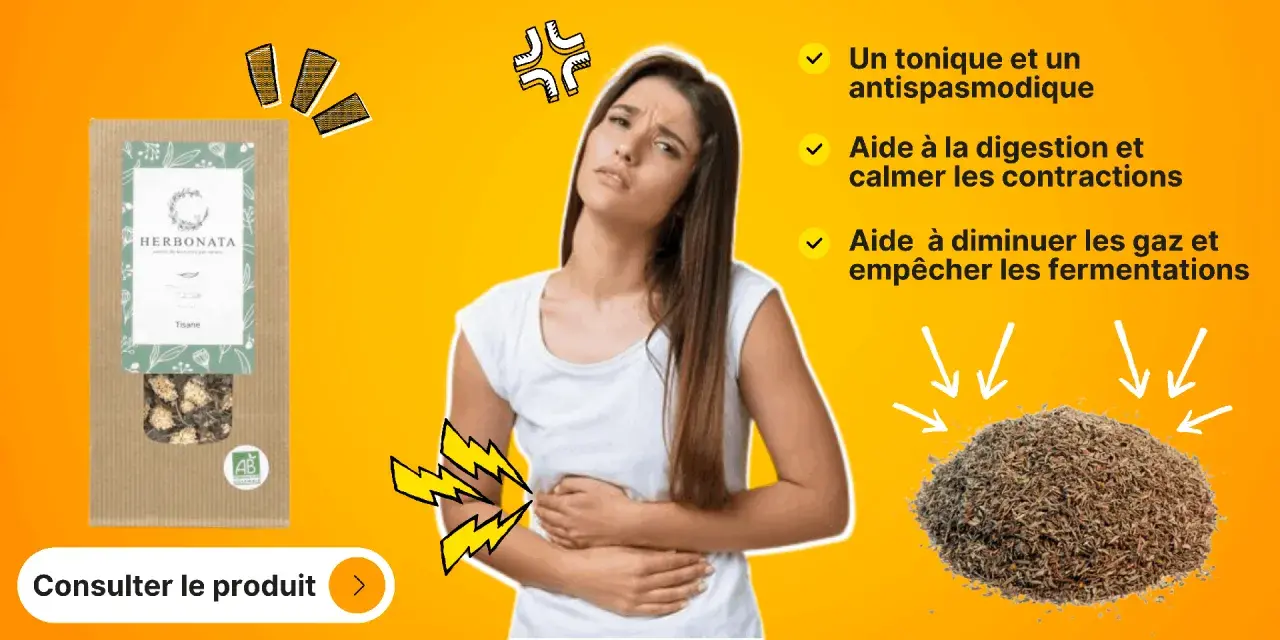 Une femme souffre de maux d'estomac. Le thym, aux nombreux bienfaits, est présenté comme une solution naturelle pour soulager les contractions et les gaz.