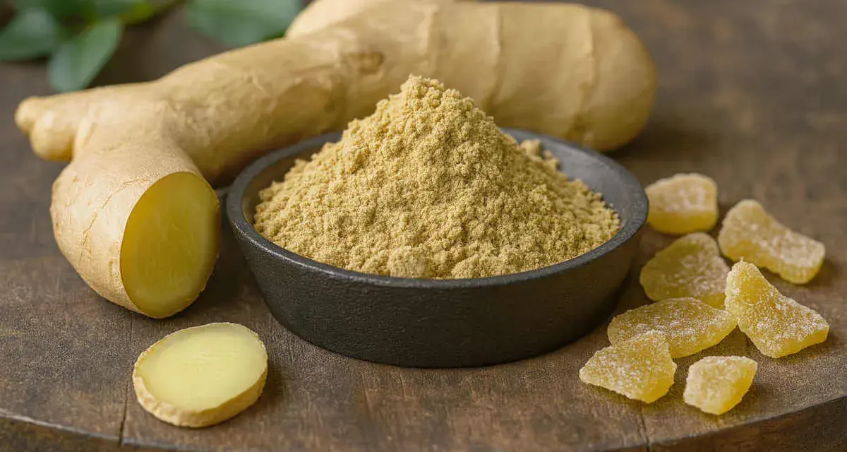 Gingembre cru, poudre et confit sur une planche en bois. Une racine de gingembre coupée révèle sa chair jaune vif.