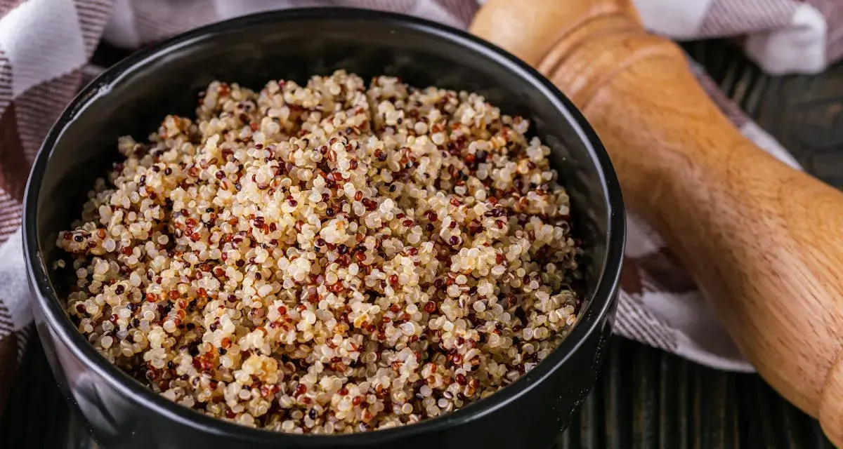 Un bol de quinoa, un aliment polyvalent, est-il un féculent ou une légumineuse ? Servi avec une serviette à carreaux et un moulin à poivre en bois.