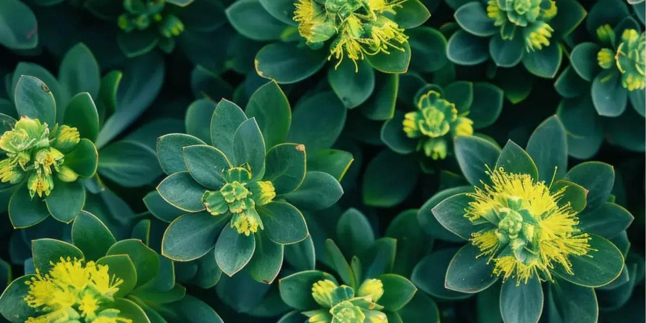 Plantes vertes aux feuilles épaisses et succulentes, avec de petites fleurs jaunes au centre. Une belle vue de la rhodiola rosea.