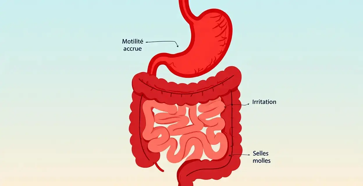 Illustration du système digestif montrant une motilité accrue, une irritation et des selles molles. Attention au malate de magnésium danger.