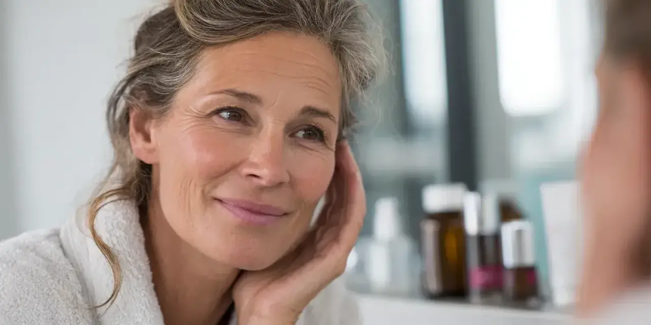Une femme d'âge mûr, aux cheveux gris et portant une robe de chambre, se regarde dans le miroir. Elle a un sourire doux, comme si elle pensait à un trèfle rouge porte-bonheur.