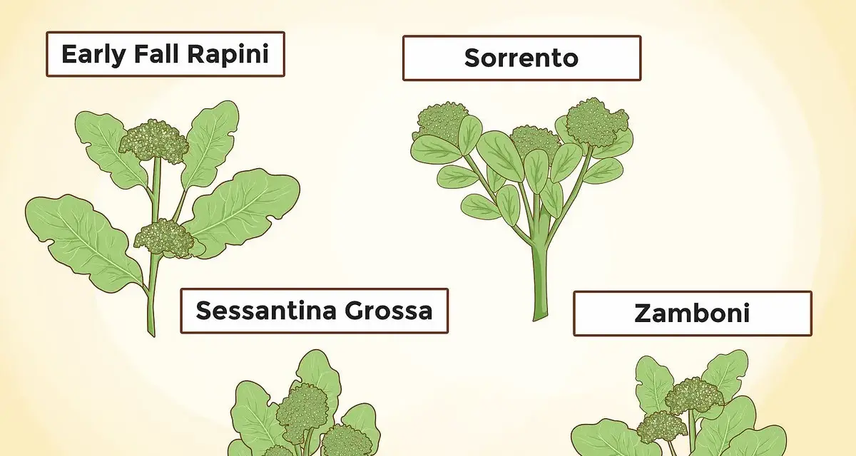 Quatre variétés de pousse de brocoli : Early Fall Rapini, Sorrento, Sessantina Grossa et Zamboni.