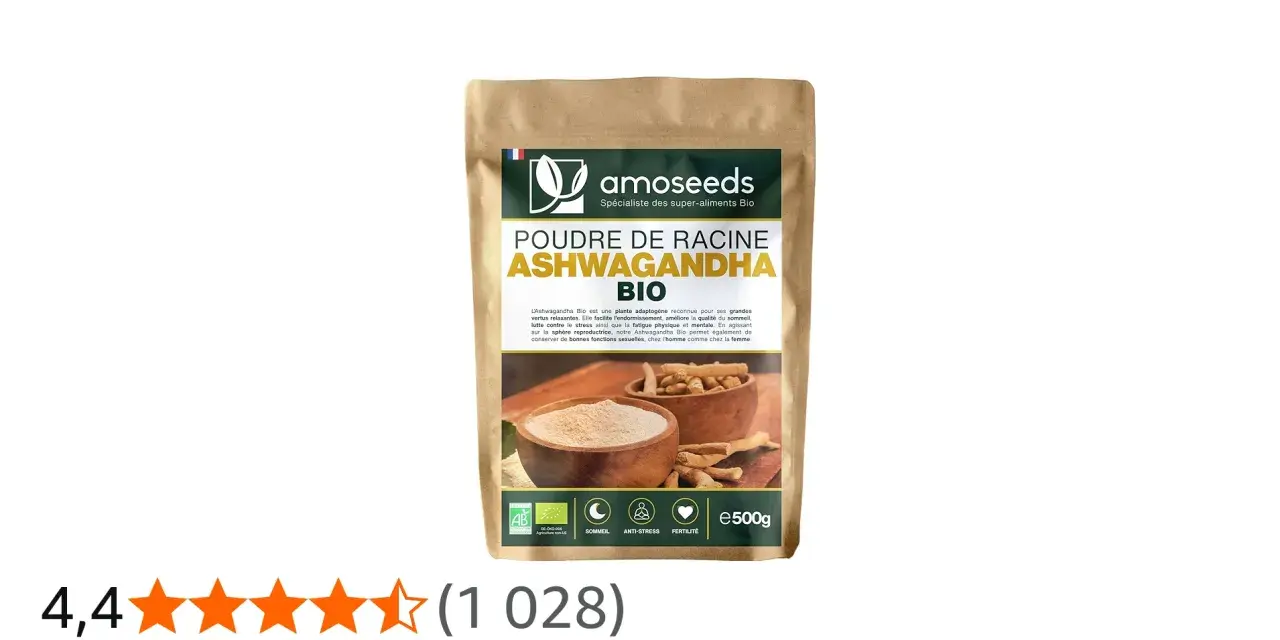 Poudre de racine d'Ashwagandha Bio, un super-aliment aux multiples bienfaits : sommeil, anti-stress, fertilité.