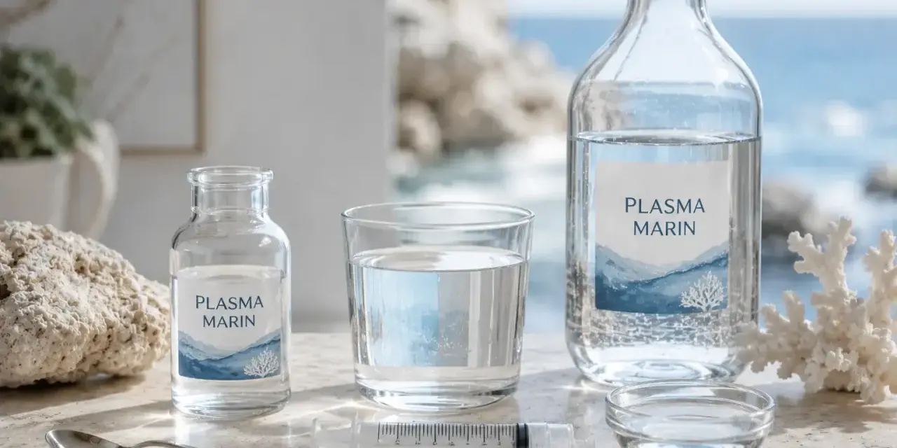Bouteilles et verre de Plasma Marin, évoquant les bienfaits de l'eau de Quinton. Une seringue et une cuillère suggèrent une utilisation thérapeutique.