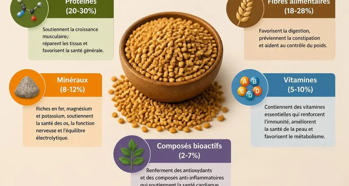 Graines de fenugrec dans un bol, entourées d'informations sur leurs bienfaits : protéines, fibres, minéraux, vitamines et composés bioactifs. Le fenugrec est une mine de nutriments.