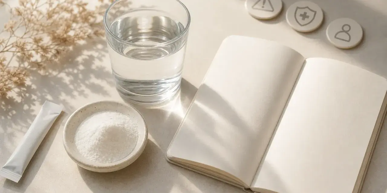 Poudre de collagène marin, verre d'eau, carnet ouvert et icônes de santé. Réflexion sur les dangers potentiels du collagène marin.