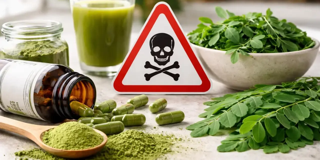 Attention au danger du moringa : pilules, poudre, jus et feuilles, avec un panneau de danger.