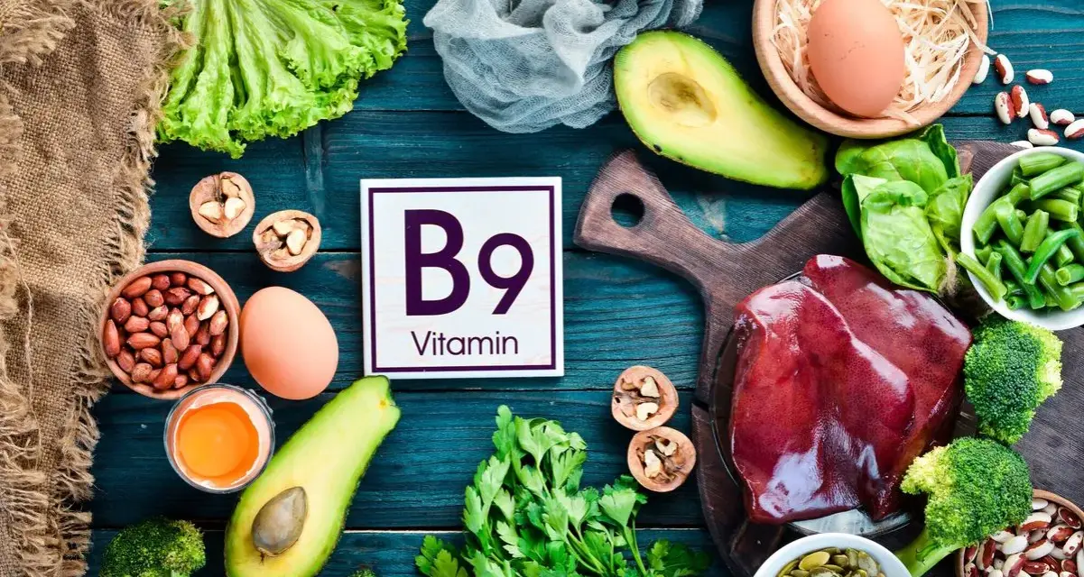 Assiette colorée avec foie, légumes verts, avocats, œufs, noix et haricots, mettant en avant la vitamine B9 essentielle.