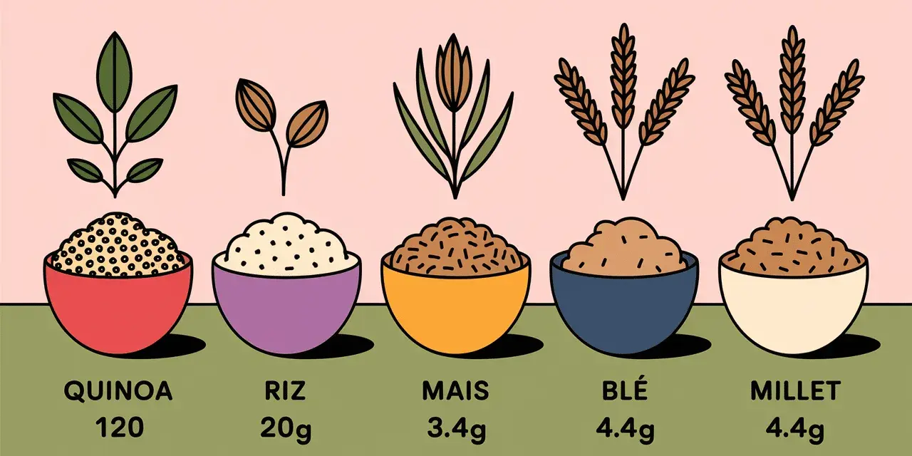Cinq bols de céréales : quinoa, riz, maïs, blé, millet. Le quinoa, avec 120, peut causer une intolérance.
