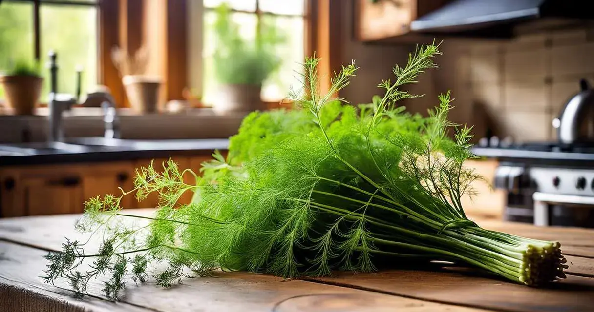 Un bouquet de fenouil sauvage frais, aux fines feuilles vertes, repose sur une table en bois rustique. La cuisine en arrière-plan suggère une préparation culinaire savoureuse.