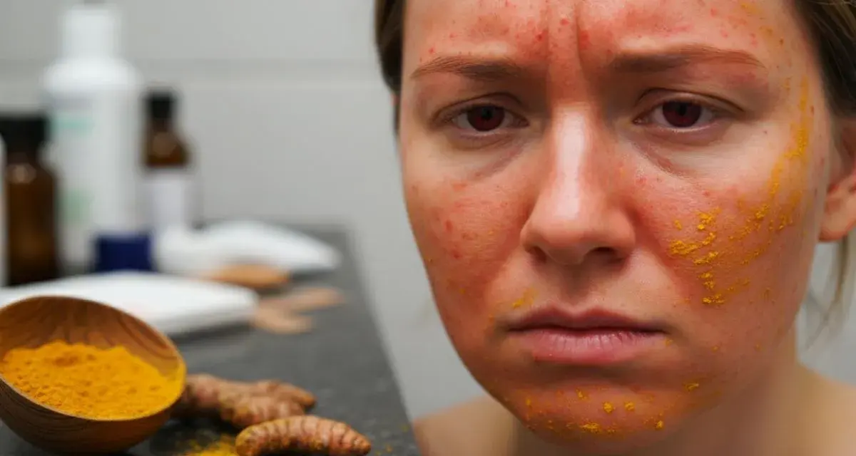 Visage marqué par des rougeurs et des boutons, avec des traces de cataplasme de curcuma. Des racines et de la poudre de curcuma sont visibles à côté.