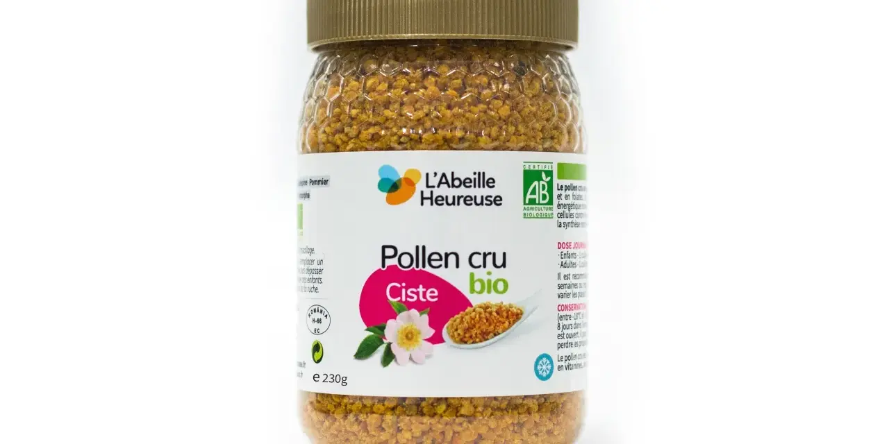 Pot de pollen cru bio de ciste, "L'Abeille Heureuse", 230g. Découvrez les pollen de ciste bienfaits pour votre bien-être.