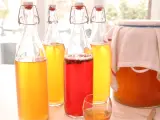 Bouteilles de kombucha jaune et rouge, prêtes pour la fermentation. Apprenez comment faire du kombucha maison.