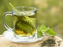 Une tasse en verre remplie d'infusion ortie, avec des feuilles fraîches et séchées à côté.