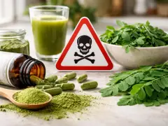 Attention au danger du moringa : pilules, poudre, jus et feuilles, avec un panneau de danger.