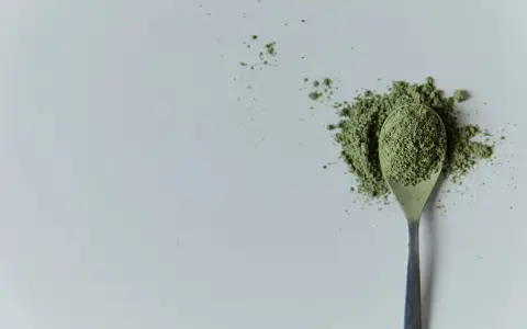 Cuillère remplie de poudre verte, rappelant la chlorella. Attention aux contre-indications avant consommation.