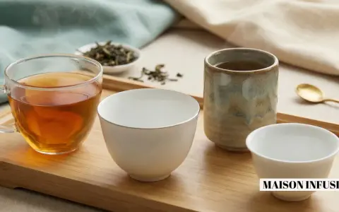 Quatre tasses de thé, dont une en verre remplie d'une infusion ambrée, invitent à choisir quel thé déguster.