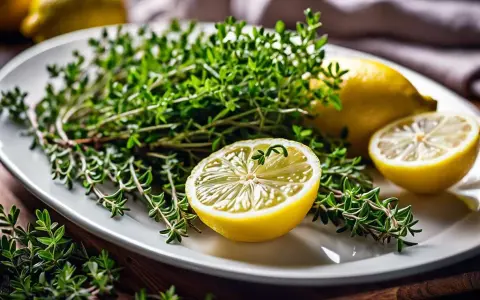 Un bouquet de thym frais et des citrons coupés en deux sur une assiette blanche, prêts pour une infusion thym citron réconfortante.
