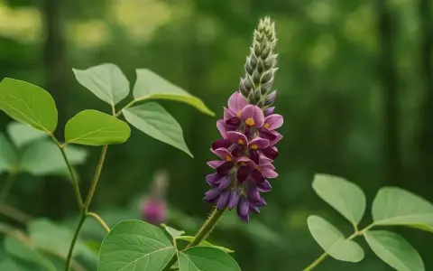 Fleur de kudzu aux teintes violettes et roses, évoquant ses nombreux kudzu bienfaits. Des feuilles vertes l'entourent dans un décor forestier flou.