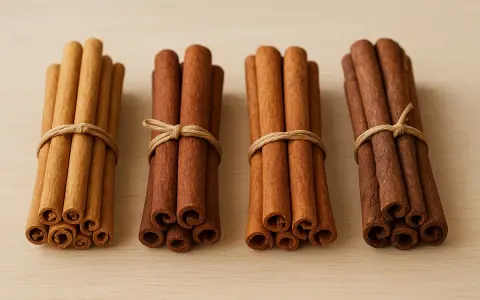 Quatre bouquets de bâtons de cannelle, liés par de la ficelle, sur un fond de bois clair. La cannelle exhale un parfum chaleureux.