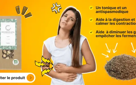 Une femme souffre de maux d'estomac. Le thym, aux nombreux bienfaits, est présenté comme une solution naturelle pour soulager les contractions et les gaz.