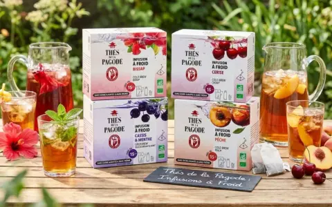Quatre boîtes de "Thés de la Pagode" : infusions à froid Bissap, Cerise, Cassis & Menthe, et Pêche. Des carafes et verres de boissons glacées complètent la scène.