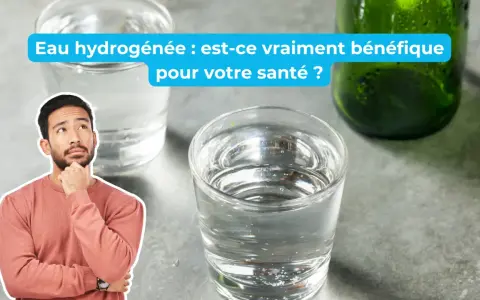 Un homme pensif regarde des verres d'eau, s'interrogeant sur les bienfaits de l'eau hydrogénée et le potentiel danger.