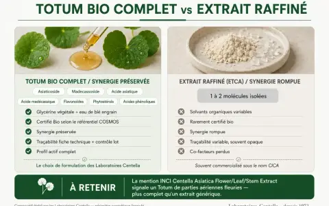 Comparaison entre le totum bio complet de gotu kola et un extrait raffiné, mettant en avant la synergie préservée du premier.