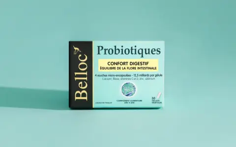 Boîte de probiotiques Belloc pour le confort digestif. Ce probiotique estomac équilibre la flore intestinale.