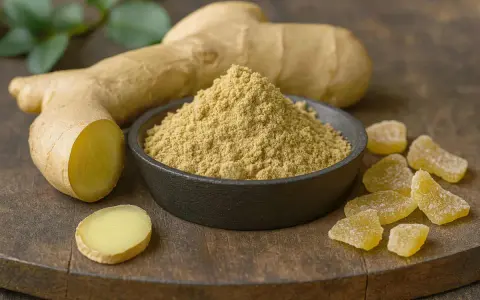 Gingembre cru, poudre et confit sur une planche en bois. Une racine de gingembre coupée révèle sa chair jaune vif.