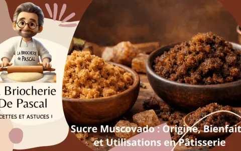 Deux bols de sucre muscovado, un ingrédient aux multiples bienfaits pour la pâtisserie. Un chef cartoon prépare de la pâte.