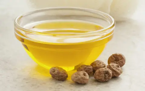 Huile dorée dans un bol en verre, entourée de noix de terre. Découvrez les noix de terre bienfaits pour une peau éclatante et une santé optimale.