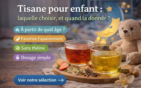 Deux tasses de tisane enfant, une rouge et une jaune, sur un plateau avec des fruits et des fleurs. Un ours en peluche et une lune lumineuse en arrière-plan.