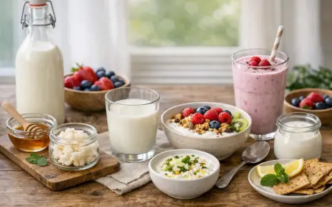 Un assortiment de produits laitiers et de fruits frais, incluant du kefir vivant, du lait, des baies, un smoothie et du yaourt.