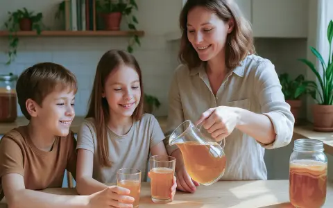 Une mère verse du kombucha dans des verres pour ses enfants. Un moment de partage autour de cette boisson fermentée, le kombucha enfant est une alternative saine.