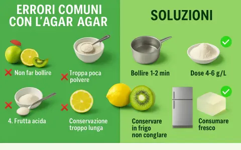 Erreurs courantes avec l'agar agar : ne pas faire bouillir, trop peu de poudre, fruits acides, longue conservation. Solutions : faire bouillir 1-2 min, dose 4-6 g/L, conserver au frais.