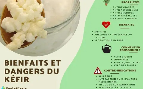 Grains de mère de kéfir sur une cuillère en bois, avec des informations sur ses bienfaits et dangers.