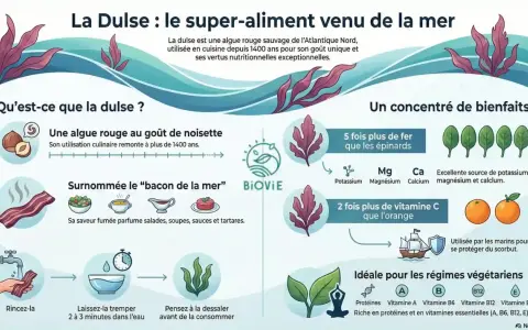 L'algue dulse, rouge et au goût de noisette, est un super-aliment de l'Atlantique Nord, surnommée "bacon de la mer". Elle est riche en fer et vitamine C.