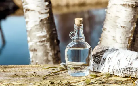Bouteille de sève de bouleau sur un tronc d'arbre, avec des chatons. La sève de bouleau est réputée pour ses propriétés, parfois comparées à un anticoagulant naturel.