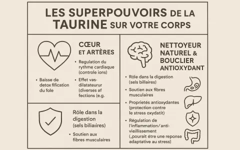 Les bienfaits de la taurine : cœur, digestion, antioxydant. Elle régule le rythme cardiaque, soutient les fibres musculaires et protège contre le stress oxydatif.