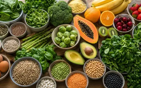 Assortiment de fruits et légumes frais, œufs, graines et légumineuses. Un festin coloré qui met en avant le bienfait de l'acide folique pour la santé.