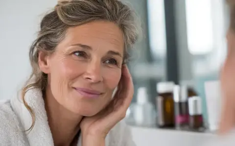 Une femme d'âge mûr, aux cheveux gris et portant une robe de chambre, se regarde dans le miroir. Elle a un sourire doux, comme si elle pensait à un trèfle rouge porte-bonheur.